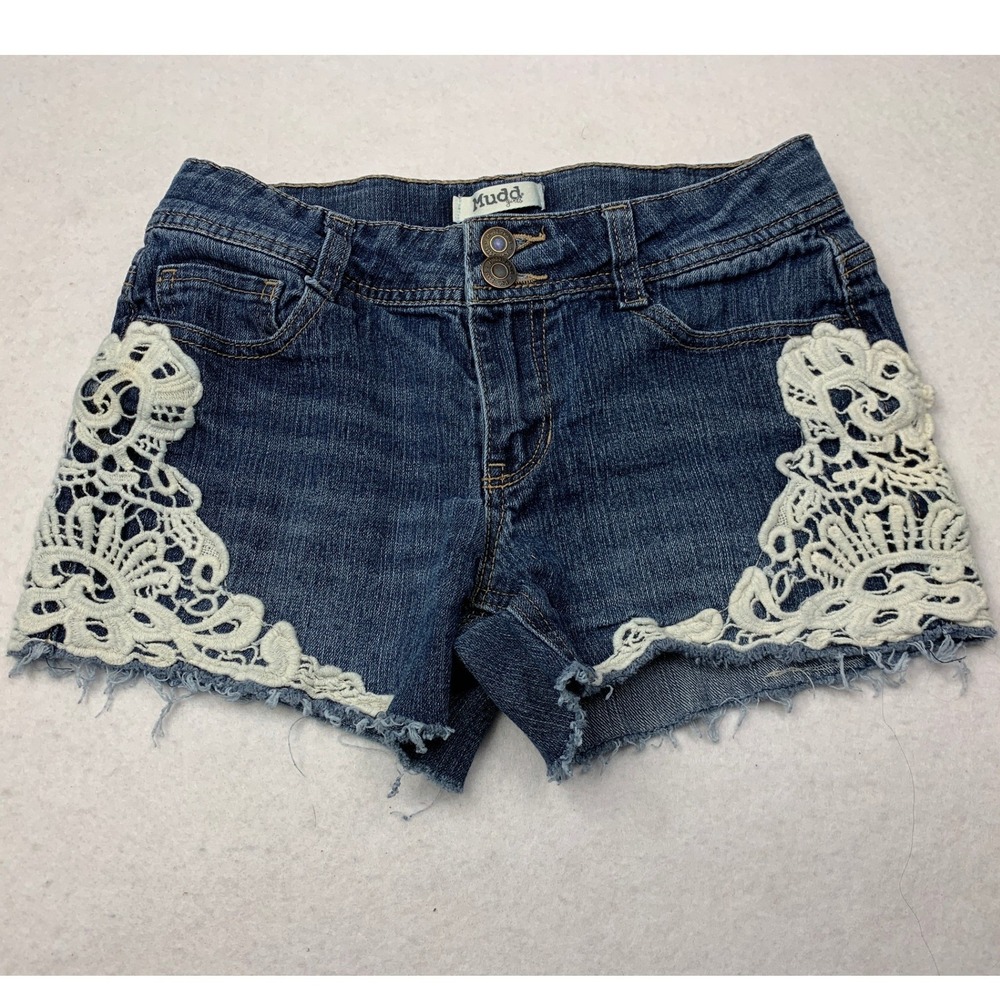 Mudd Girls Denim Shorts Size‎ 14 Medium Wash Crochet Lace Boho Frayed Hem